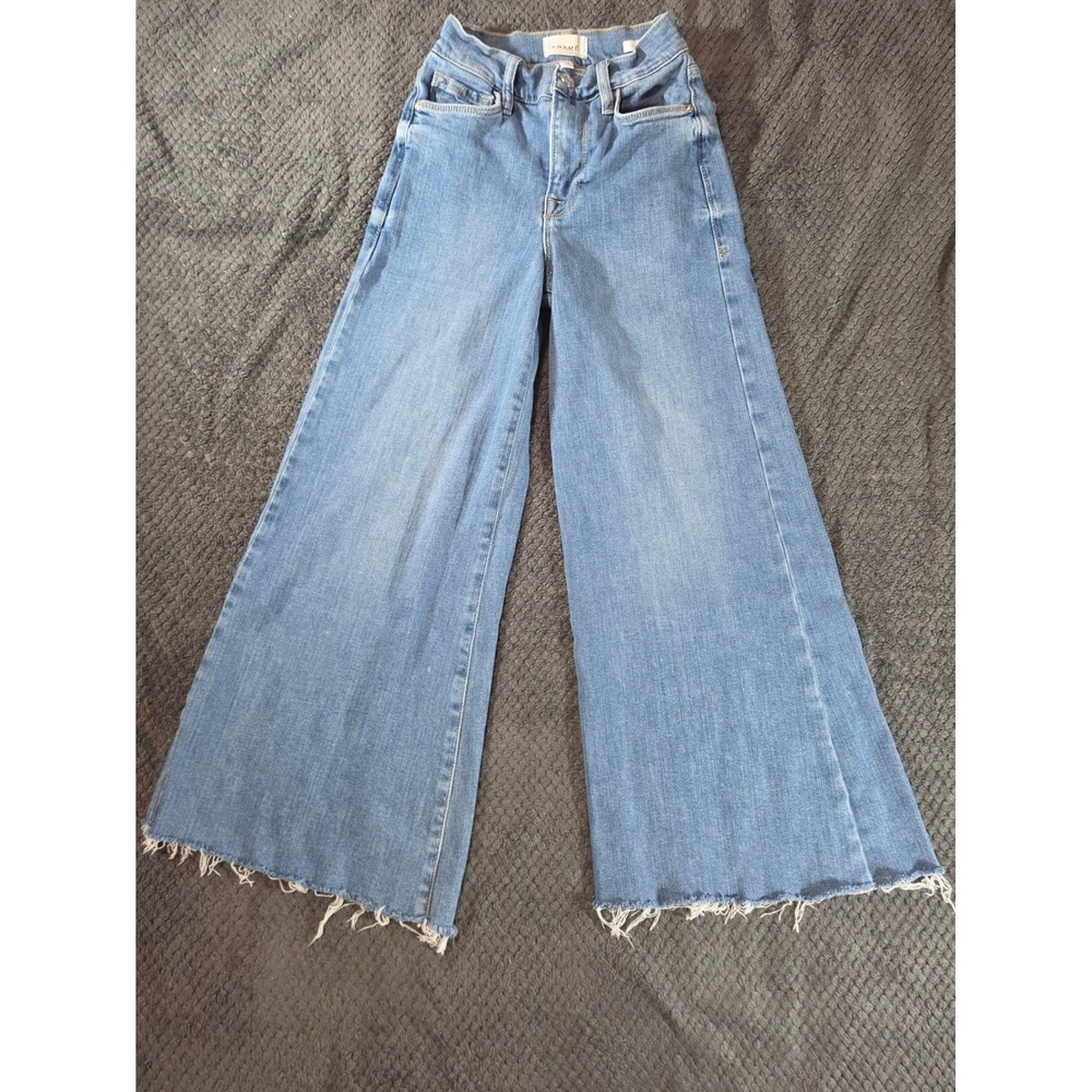 Frame Le Palazzo Crop Jeans Light Blue High Rise Wide Leg Raw Hem Size 24